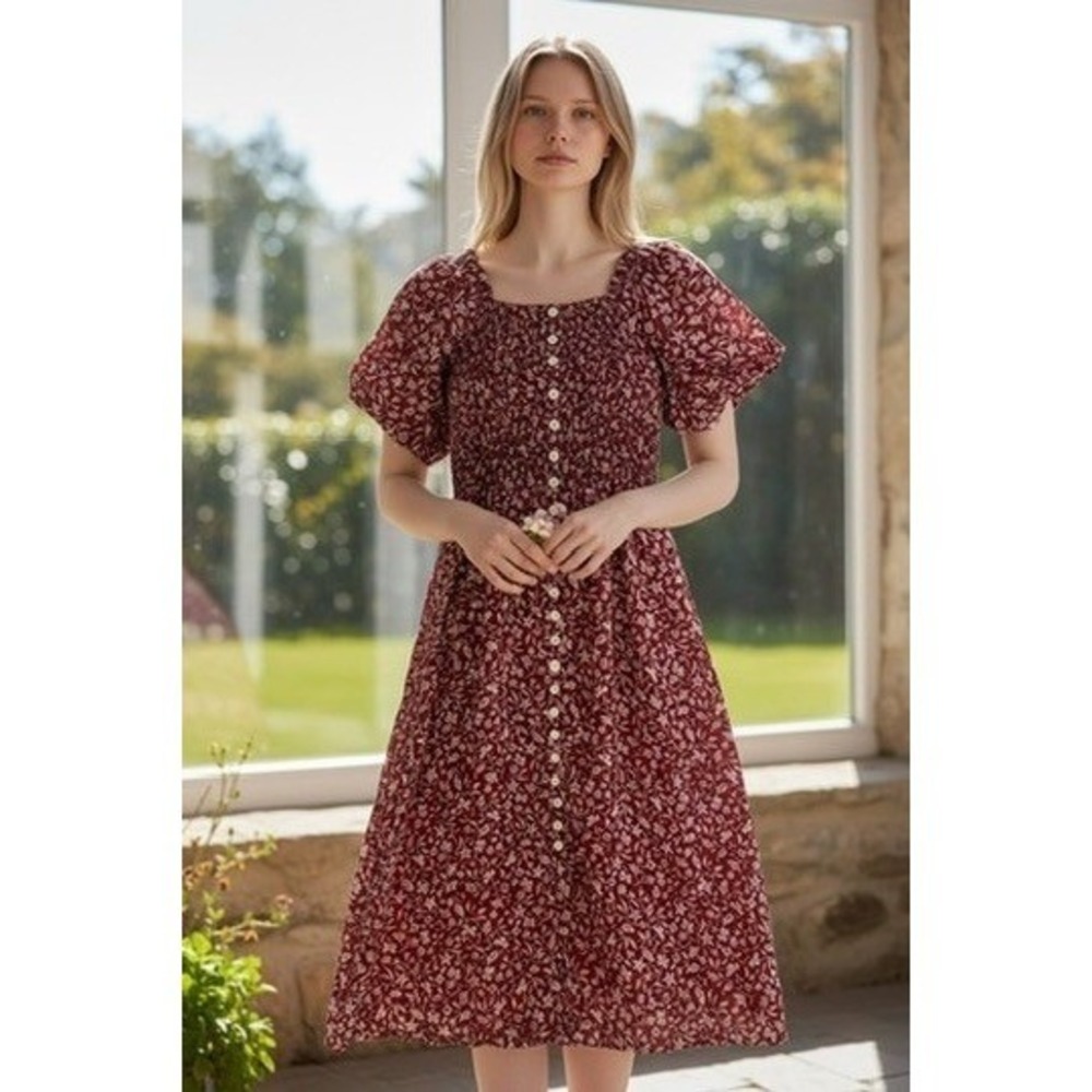 Madewell Dress S Burgundy Floral Smocked Button-Front Midi Cottagecore Prairie